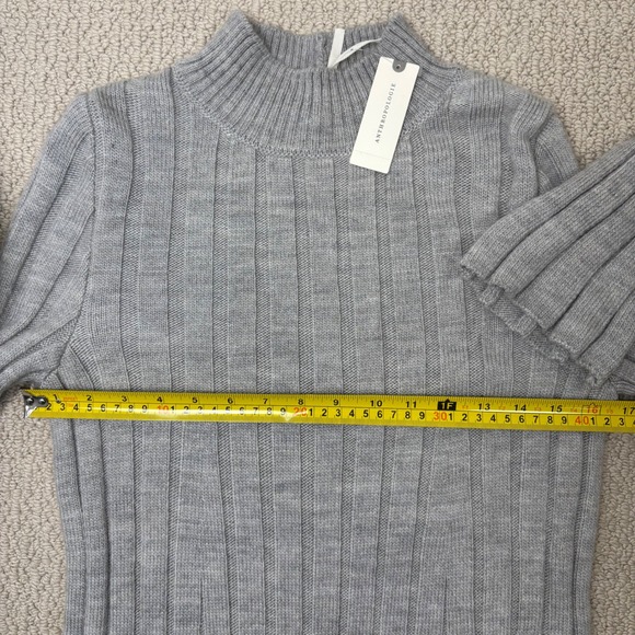 Anthropologie Ribbed Mock Neck Sweater Dress, Grey, Size Medium Flare Sleeve NWT - Picture 8 of 16
